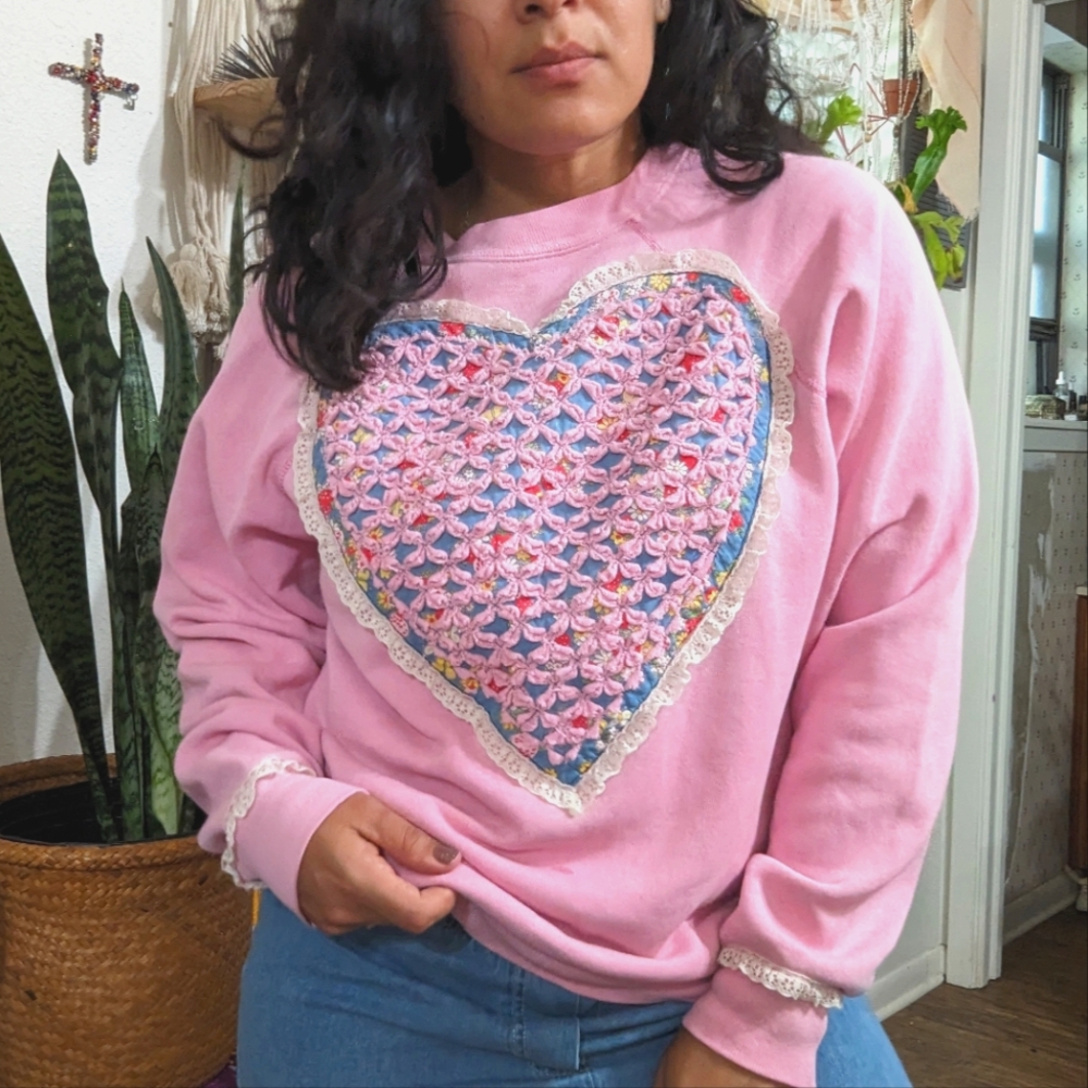 V I N T A G E:: Handmade Pink Patch Heart Crewneck Pullover Sweater
